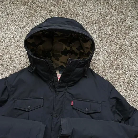 Rare 00s Levi’s Black Camo Insulated Down Puffer Jacket Parka Coat - Picture 3 of 8